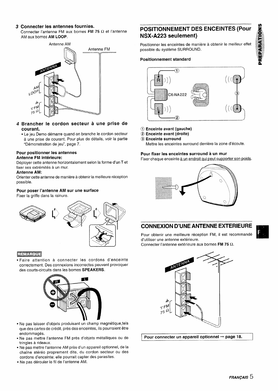 3 connecter les antennes fournies, Positionnement standard, Connexion d’une antenne exterieure | Aiwa CX-NA222 User Manual | Page 45 / 64