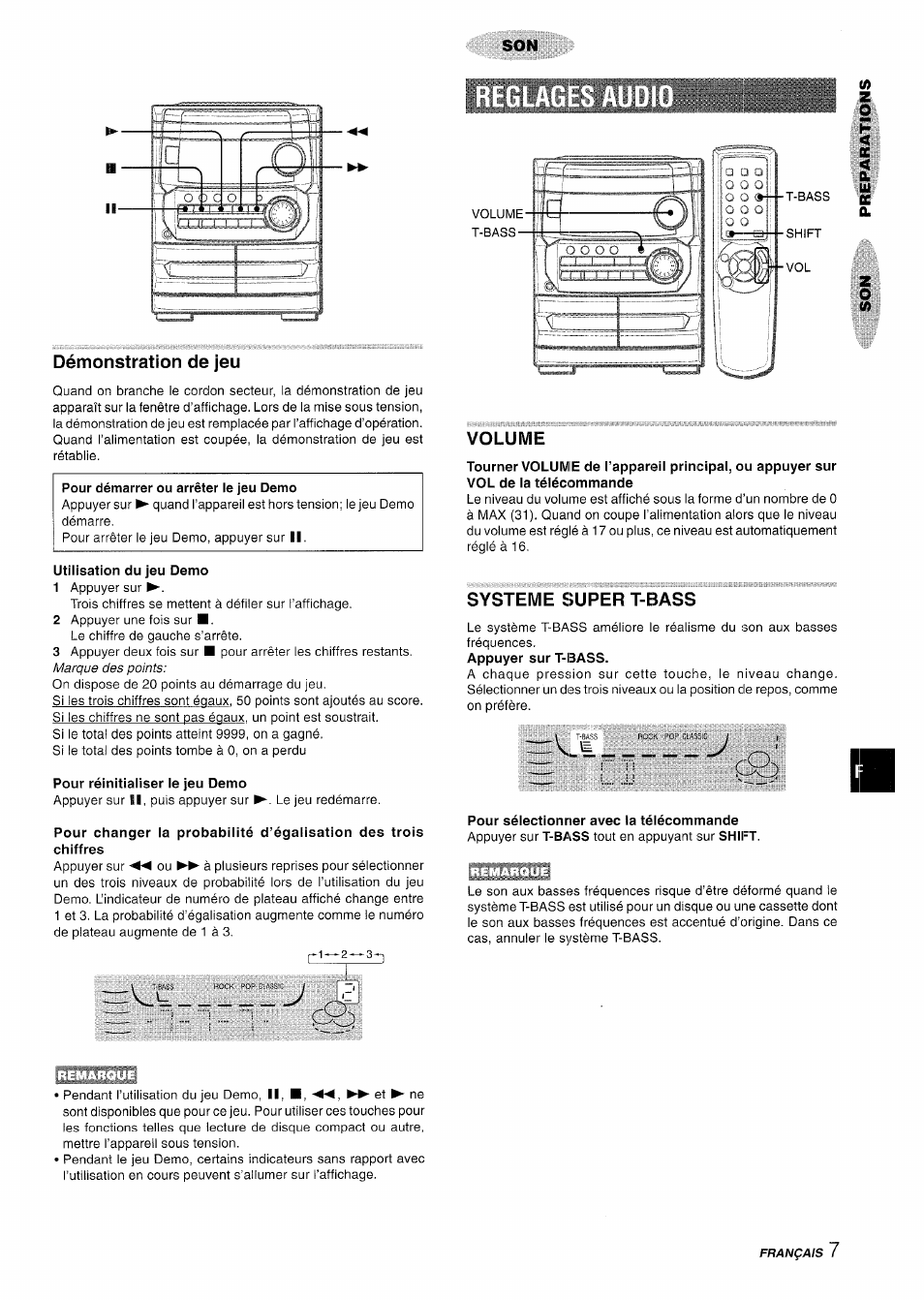 Démonstration de jeu, Pour démarrer ou arrêter le jeu demo, Utilisation du jeu demo | Pour réinitialiser le jeu demo, Volume, Systeme super t-bass, Pour sélectionner avec la télécommande | Aiwa CX-NA222 User Manual | Page 47 / 64