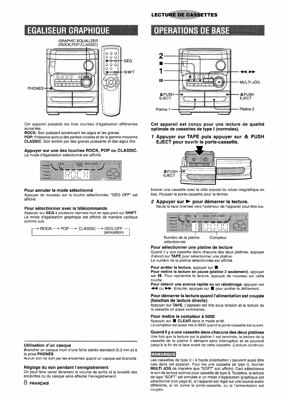 Egaliseur graphique, Appuyer sur une des touches rock, pop ou classic, Pour annuler le mode sélectionné | Pour sélectionner avec ia télécommande, Push, 2 appuyer sur ► pour démarrer la lecture, Pour sélectionner une piatine de iecture | Aiwa CX-NA222 User Manual | Page 48 / 64