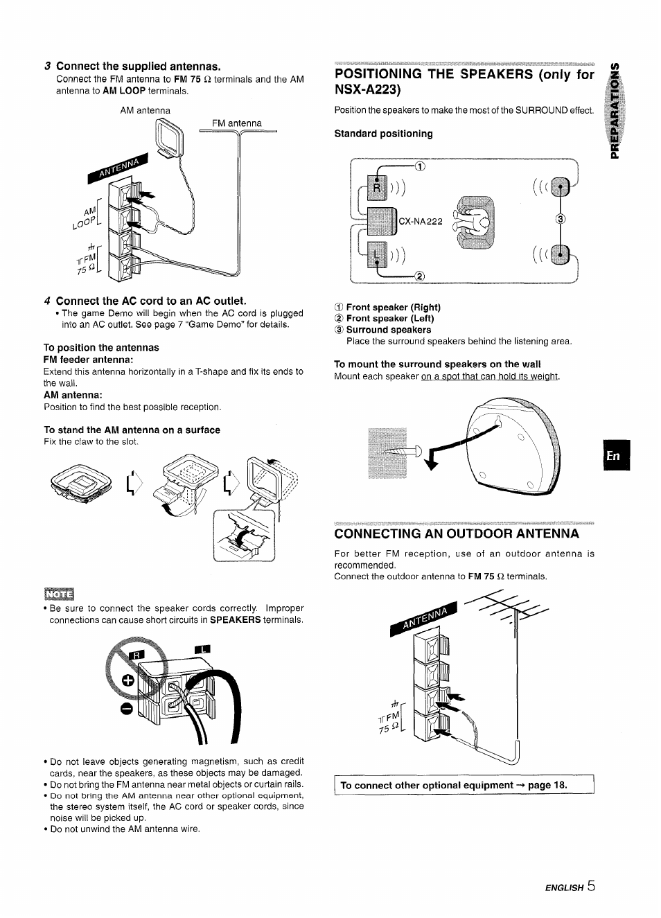 3 connect the supplied antennas, 4 connect the ac cord to an ac outlet, To position the antennas fm feeder antenna | To stand the am antenna on a surface, Positioning the speakers (only for nsx-a223), To mount the surround speakers on the wall, Connecting an outdoor antenna | Aiwa CX-NA222 User Manual | Page 5 / 64