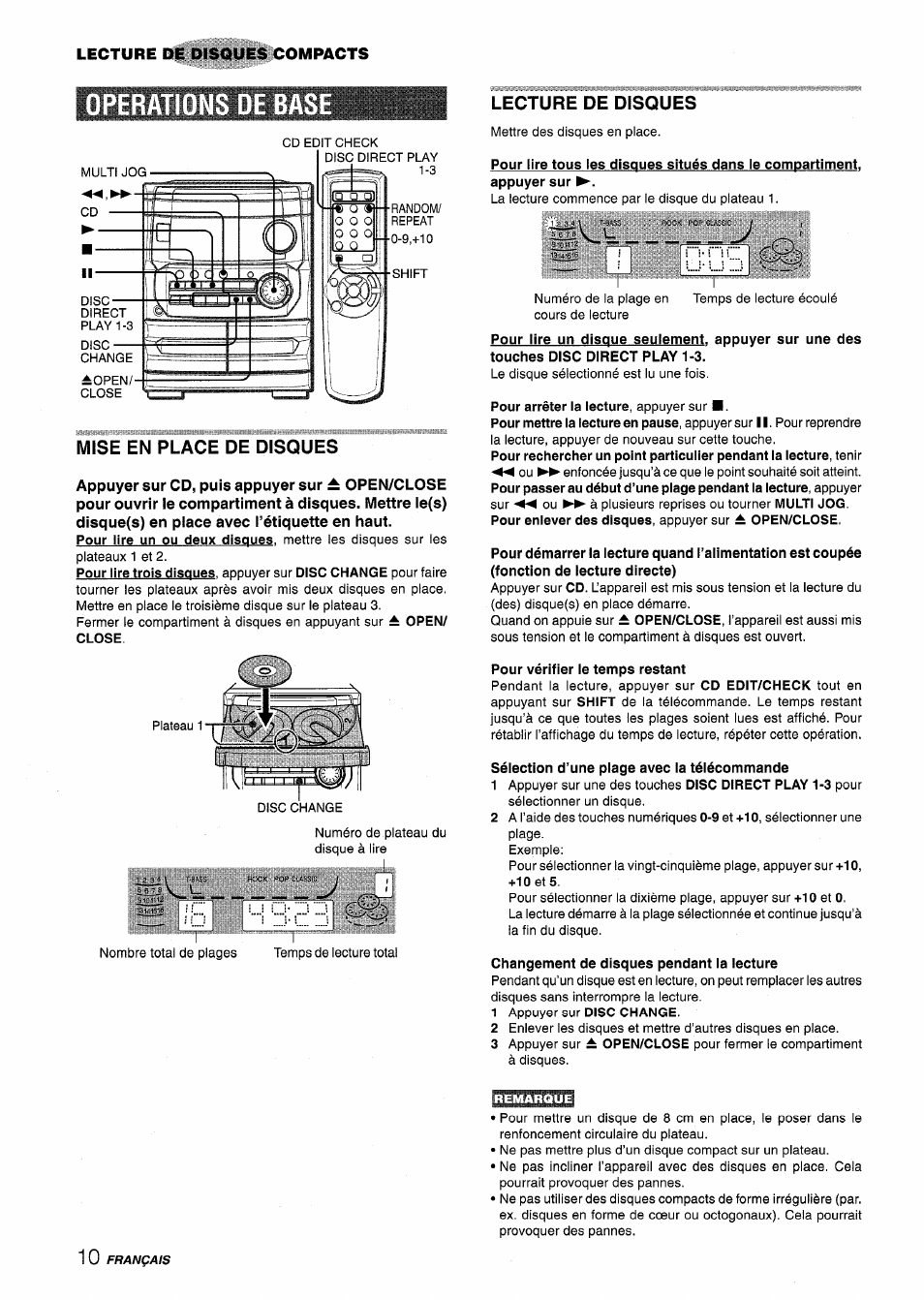 Operations de base, Mise en place de disques, Lecture de disques | Pour vérifier le temps restant, Sélection d’une plage avec la télécommande, Changement de disques pendant la lecture | Aiwa CX-NA222 User Manual | Page 50 / 64