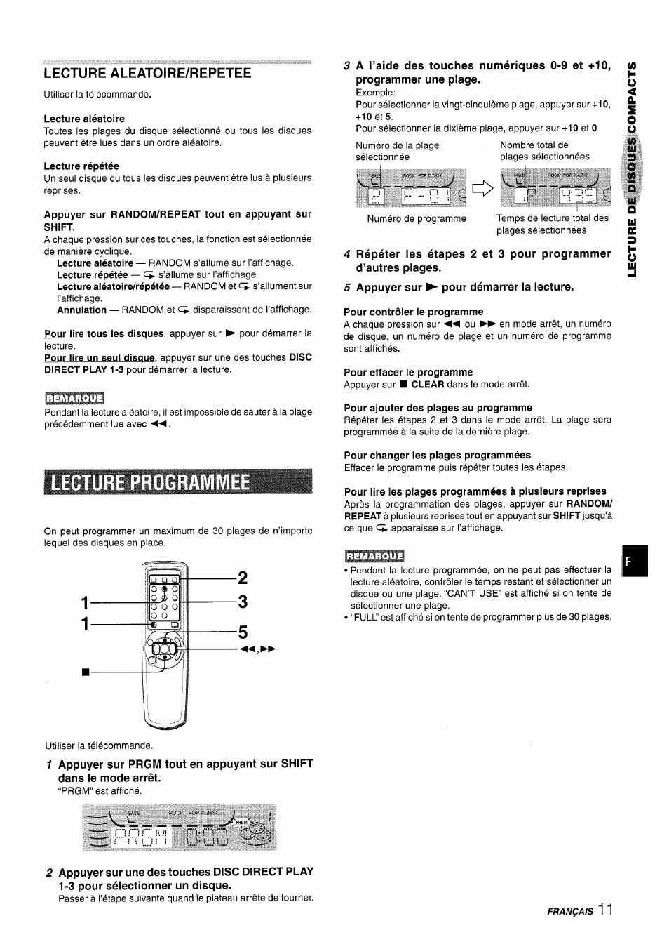 Lecture aleatoire/repetee, Lecture aléatoire, Lecture répétée | 5 appuyer sur pour démarrer la lecture, Pour contrôler le programme, Pour effacer le programme, Pour ajouter des plages au programme, Lecture programme, Pour changer les plages programmées, Y! c | Aiwa CX-NA222 User Manual | Page 51 / 64