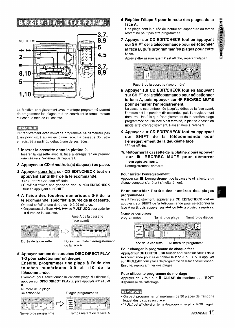 Enregistrement avec montage programme, Pour arrêter l’enregistrement, Pour effacer le programme du montage | Aiwa CX-NA222 User Manual | Page 55 / 64