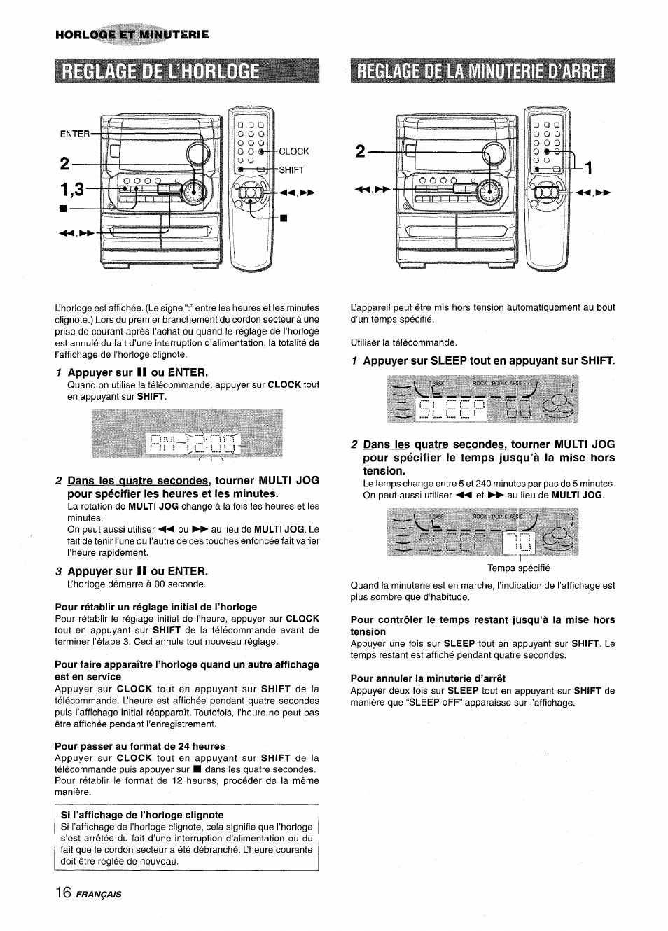 Minuterie d'arret, 1 appuyer sur ii ou enter, 1 appuyer sur sleep tout en appuyant sur shift | 3 appuyer sur ii ou enter, Pour rétablir un réglage initial de l’horloge, Pour passer au format de 24 heures, Si l’affichage de l’horloge clignote, Pour annuler la minuterie d’arrêt | Aiwa CX-NA222 User Manual | Page 56 / 64