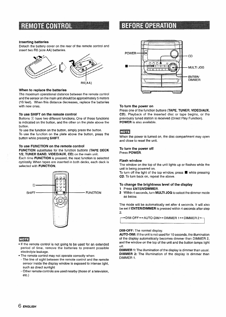 Remote contr, Before operation, To turn the power on | Remote control before operation | Aiwa CX-NA222 User Manual | Page 6 / 64