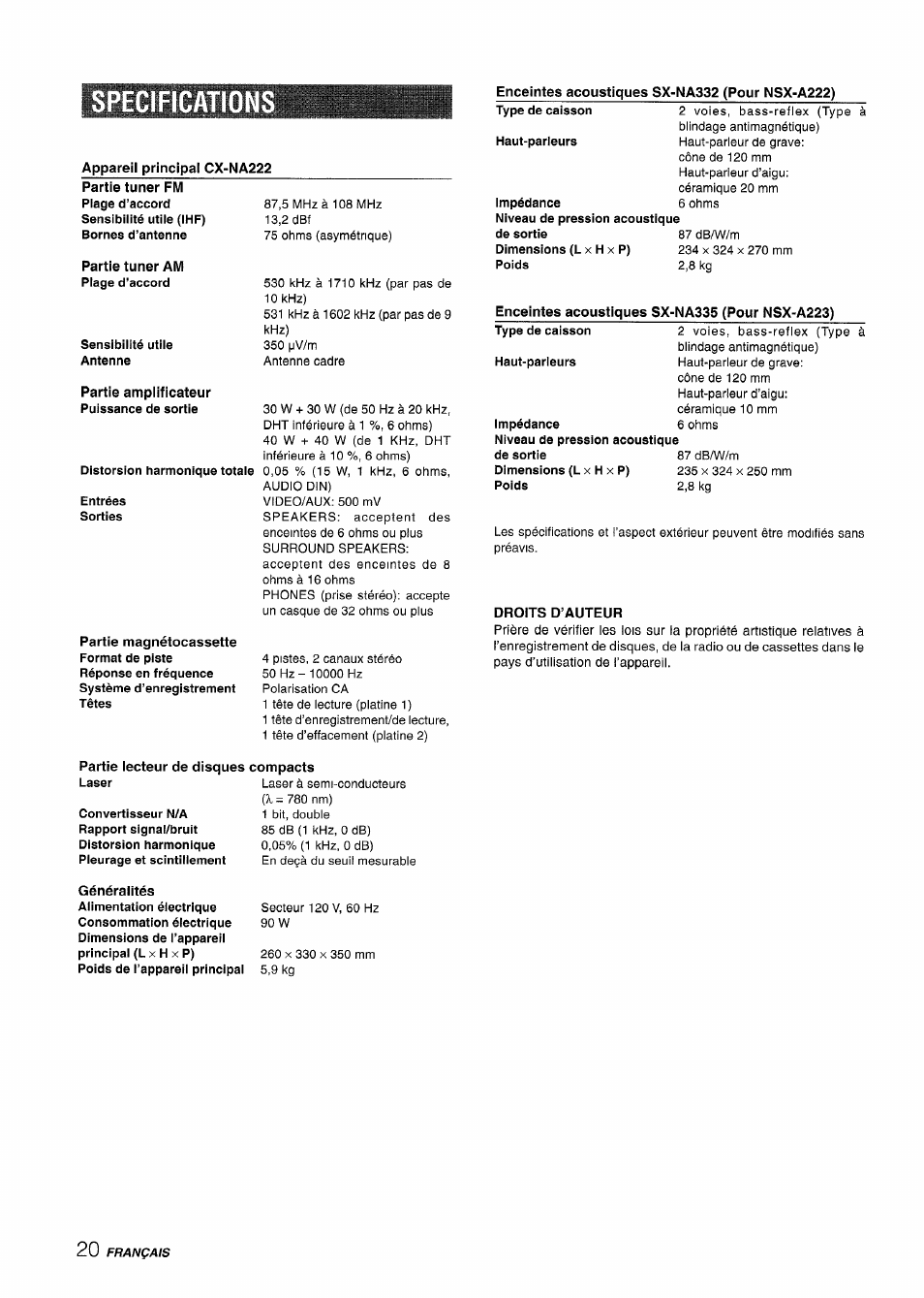 Specifications, Appareil principal cx-na222, Enceintes acoustiques sx-na332 (pour nsx-a222) | Enceintes acoustiques sx-na335 (pour nsx-a223), Partie lecteur de disques compacts | Aiwa CX-NA222 User Manual | Page 60 / 64