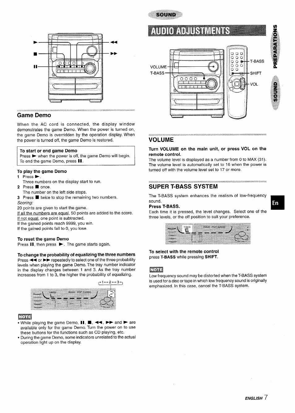 Game demo, To start or end game demo, To play the game demo | To reset the game demo, Volume, Super t-bass system | Aiwa CX-NA222 User Manual | Page 7 / 64