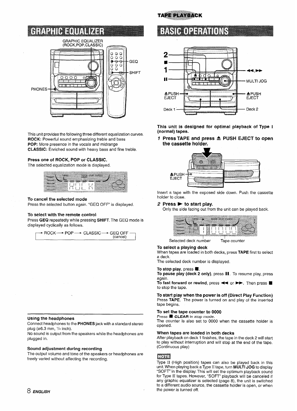 Graphic equalizer, Basic operatio, Press one of rock, pop or classic | To cancel the selected mode, To select with the remote control, Using the headphones, 2 press ► to start play, Basic operations | Aiwa CX-NA222 User Manual | Page 8 / 64