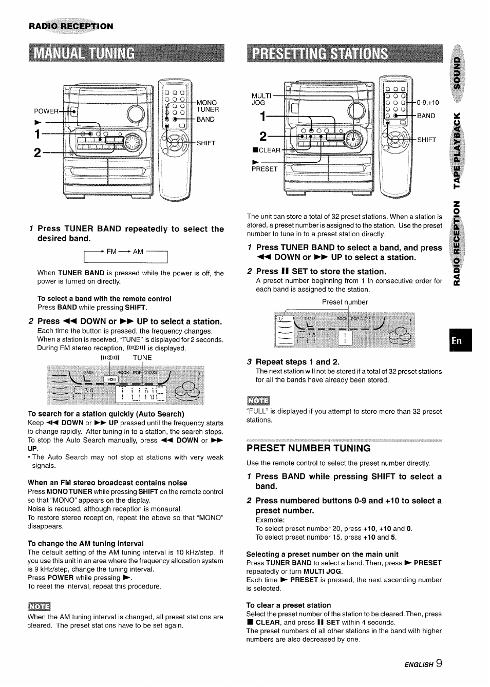 2 press ◄◄ down or ►► up to select a station, To search for a station quickly (auto search), When an fm stereo broadcast contains noise | To change the am tuning interval, Press ii set to store the station, 3 repeat steps 1 and 2, Preset number tuning, 1 press band whiie pressing shift to seiect a band, Selecting a preset number on the main unit, To clear a preset station | Aiwa CX-NA222 User Manual | Page 9 / 64