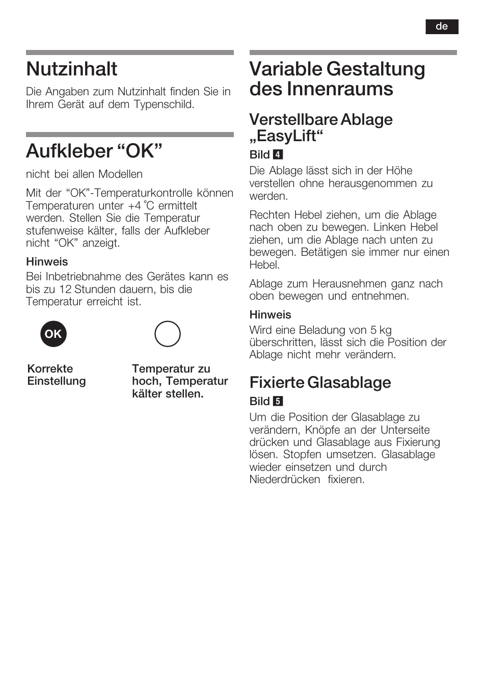 Nutzinhalt, Aufkleber ok, Variable gestaltung des innenraums | Verstellbare ablage ęeasylift, Fixierte glasablage | Siemens KI38CP65 User Manual | Page 11 / 103