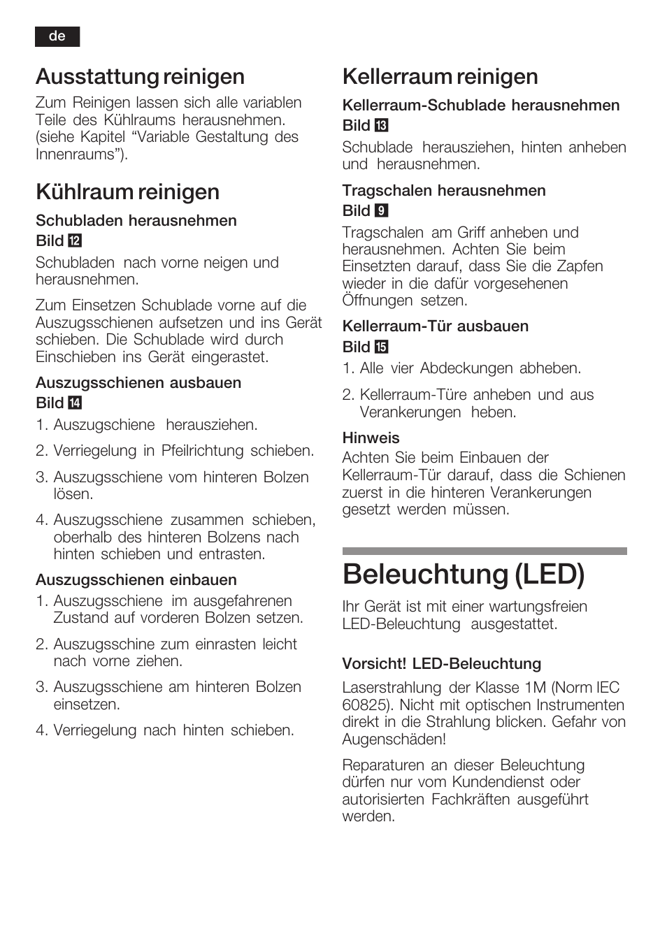 Beleuchtung (led), Ausstattung reinigen, Kühlraum reinigen | Kellerraum reinigen | Siemens KI38CP65 User Manual | Page 18 / 103