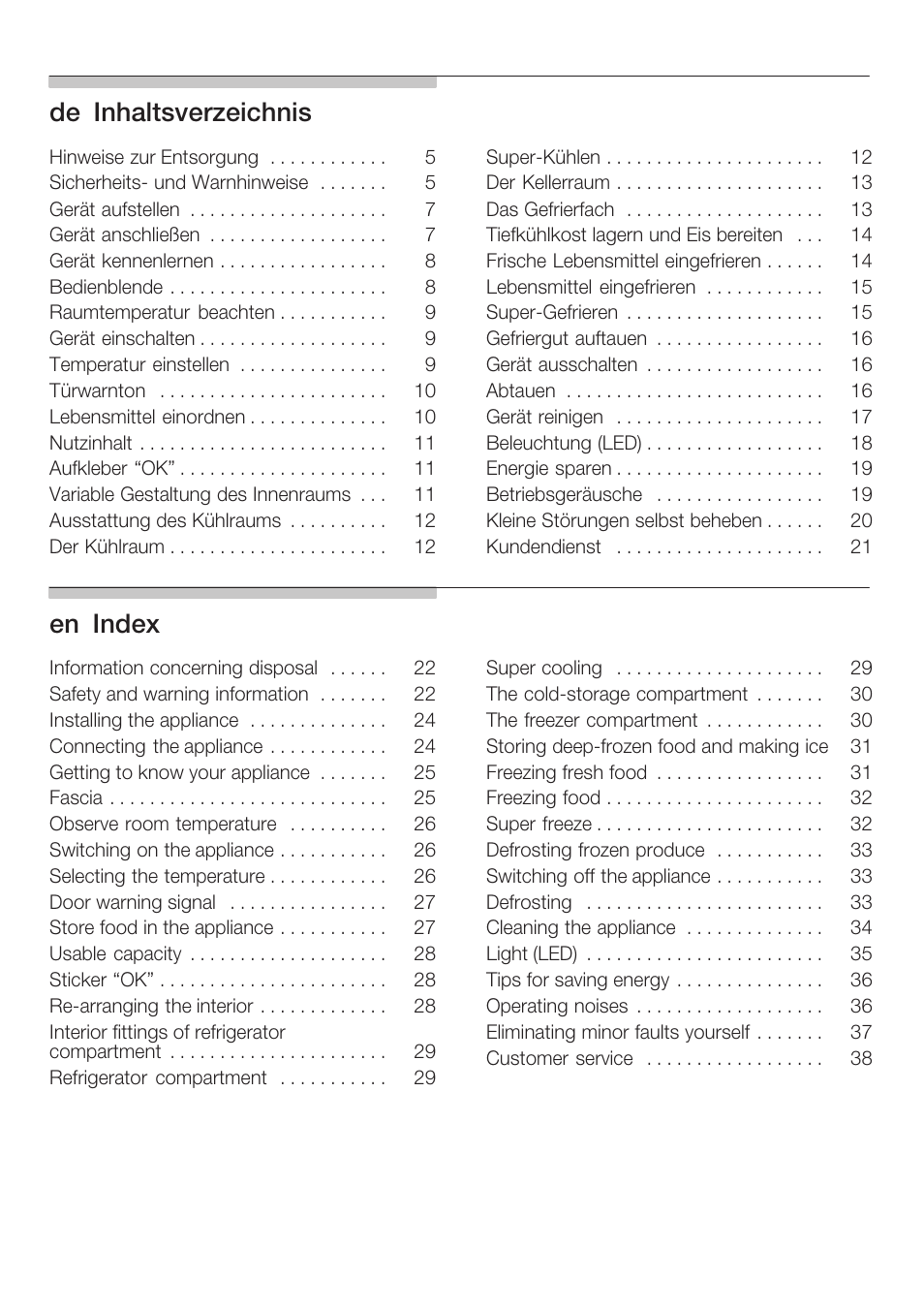 Deąinhaltsverzeichnis, Enąindex | Siemens KI38CP65 User Manual | Page 2 / 103