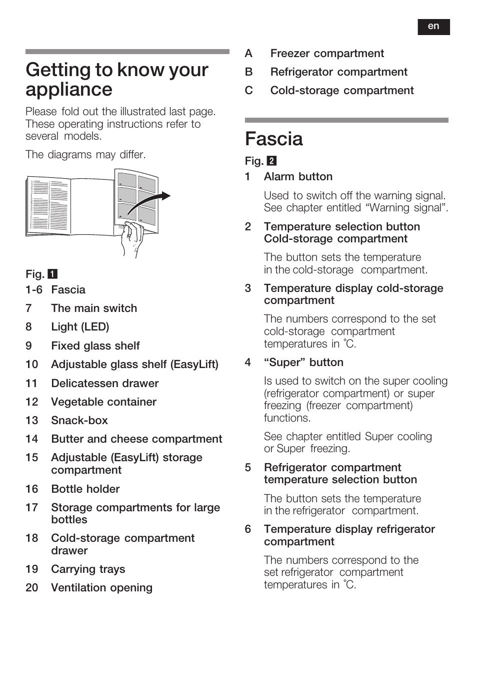 Getting to know your appliance, Fascia | Siemens KI38CP65 User Manual | Page 25 / 103