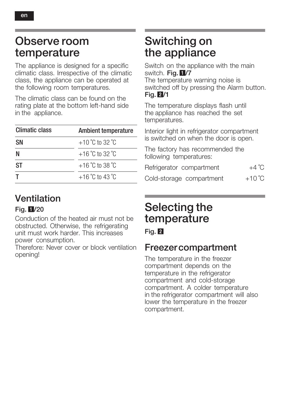 Observe room temperature, Switching on the appliance, Selecting the temperature | Ventilation, Freezer compartment | Siemens KI38CP65 User Manual | Page 26 / 103