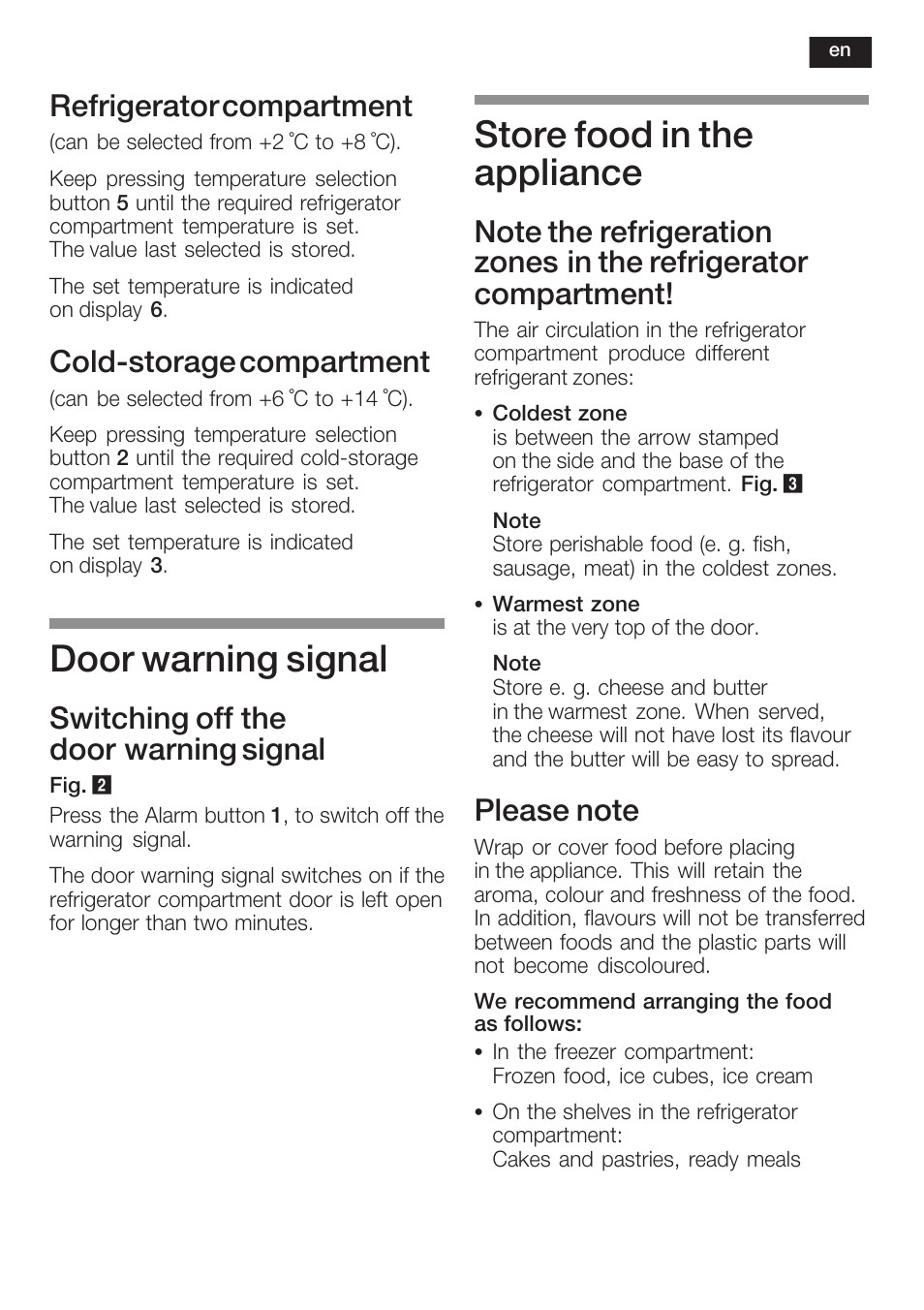 Door warning signal, Store food in the appliance, Refrigerator compartment | Coldćstorage compartment, Switching off the door warning signal | Siemens KI38CP65 User Manual | Page 27 / 103