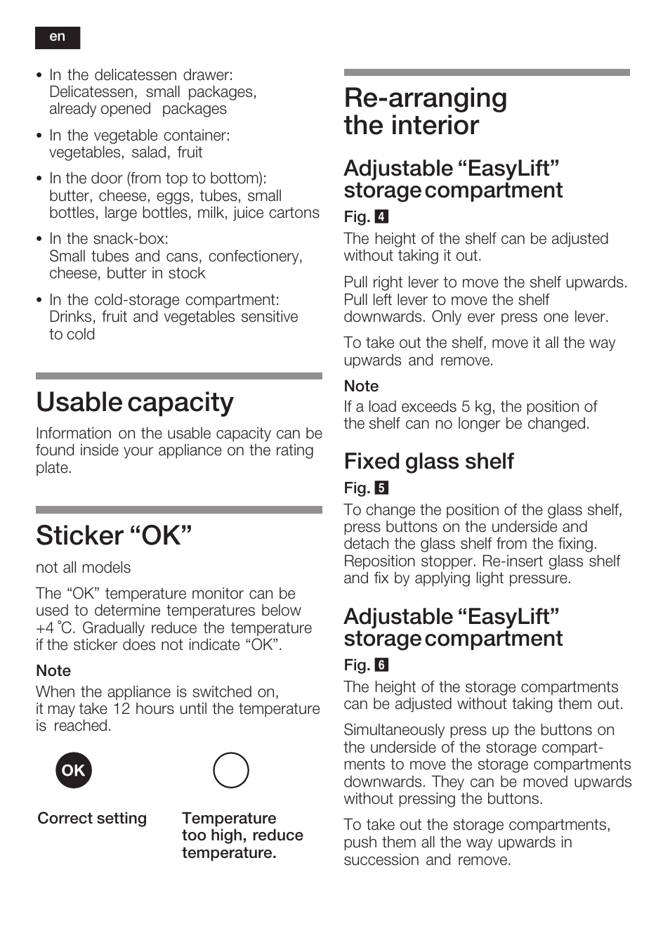 Usable capacity, Sticker ok, Rećarranging the interior | Adjustable easylift" storage compartment, Fixed glass shelf | Siemens KI38CP65 User Manual | Page 28 / 103