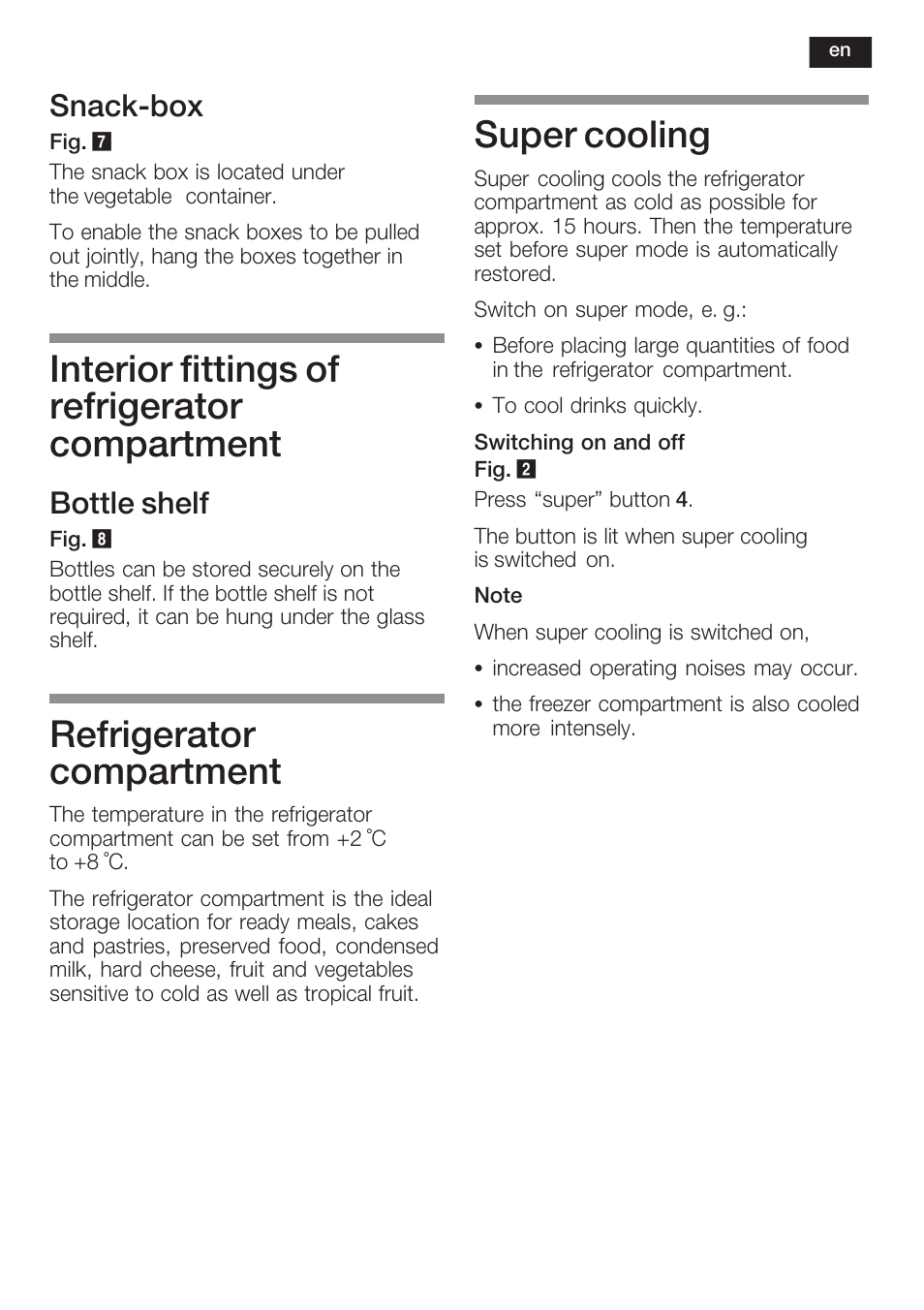 Interior fittings of refrigerator compartment, Refrigerator compartment, Super cooling | Snackćbox, Bottle shelf | Siemens KI38CP65 User Manual | Page 29 / 103