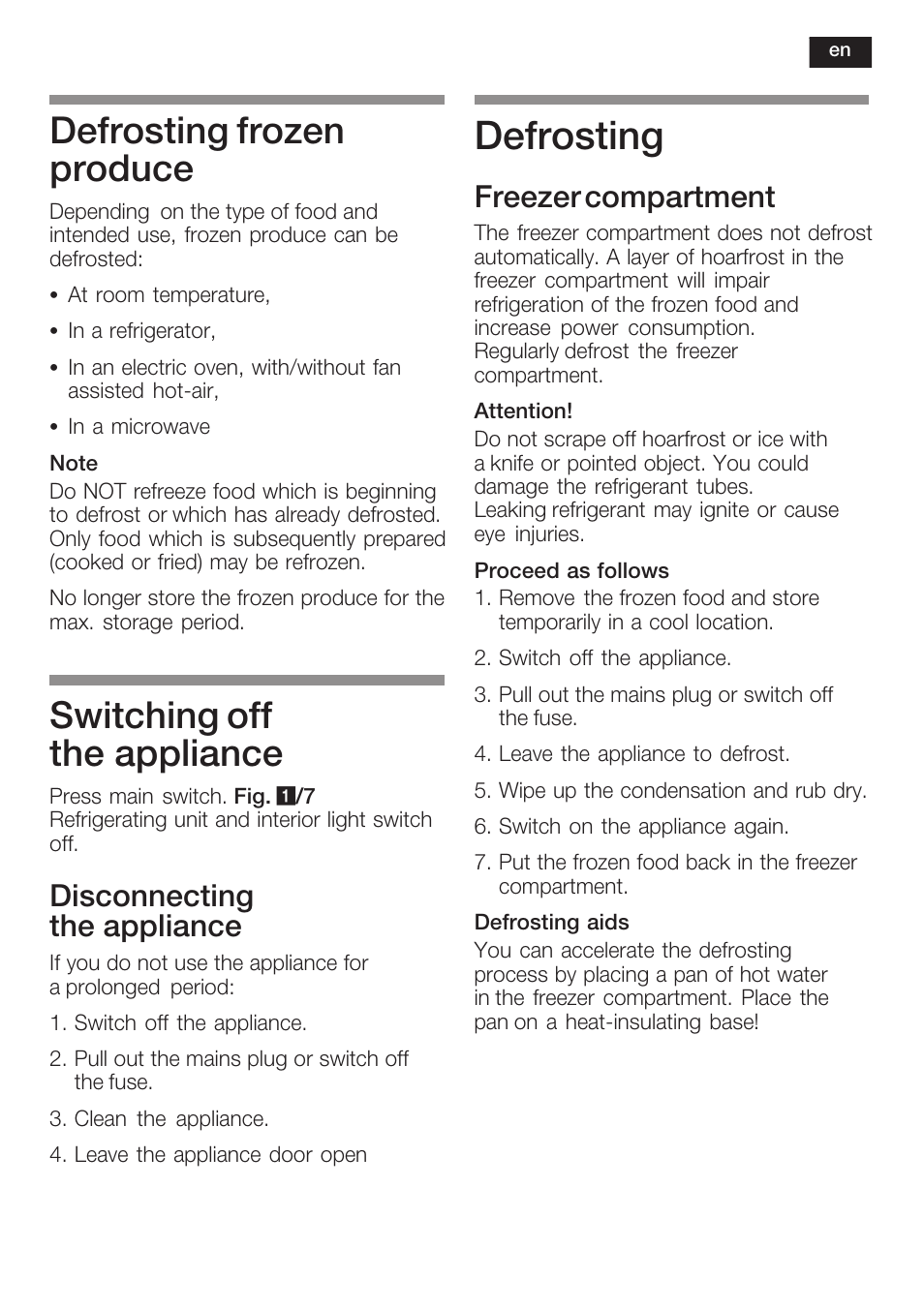 Defrosting, Defrosting frozen produce, Switching off the appliance | Disconnecting the appliance, Freezer compartment | Siemens KI38CP65 User Manual | Page 33 / 103