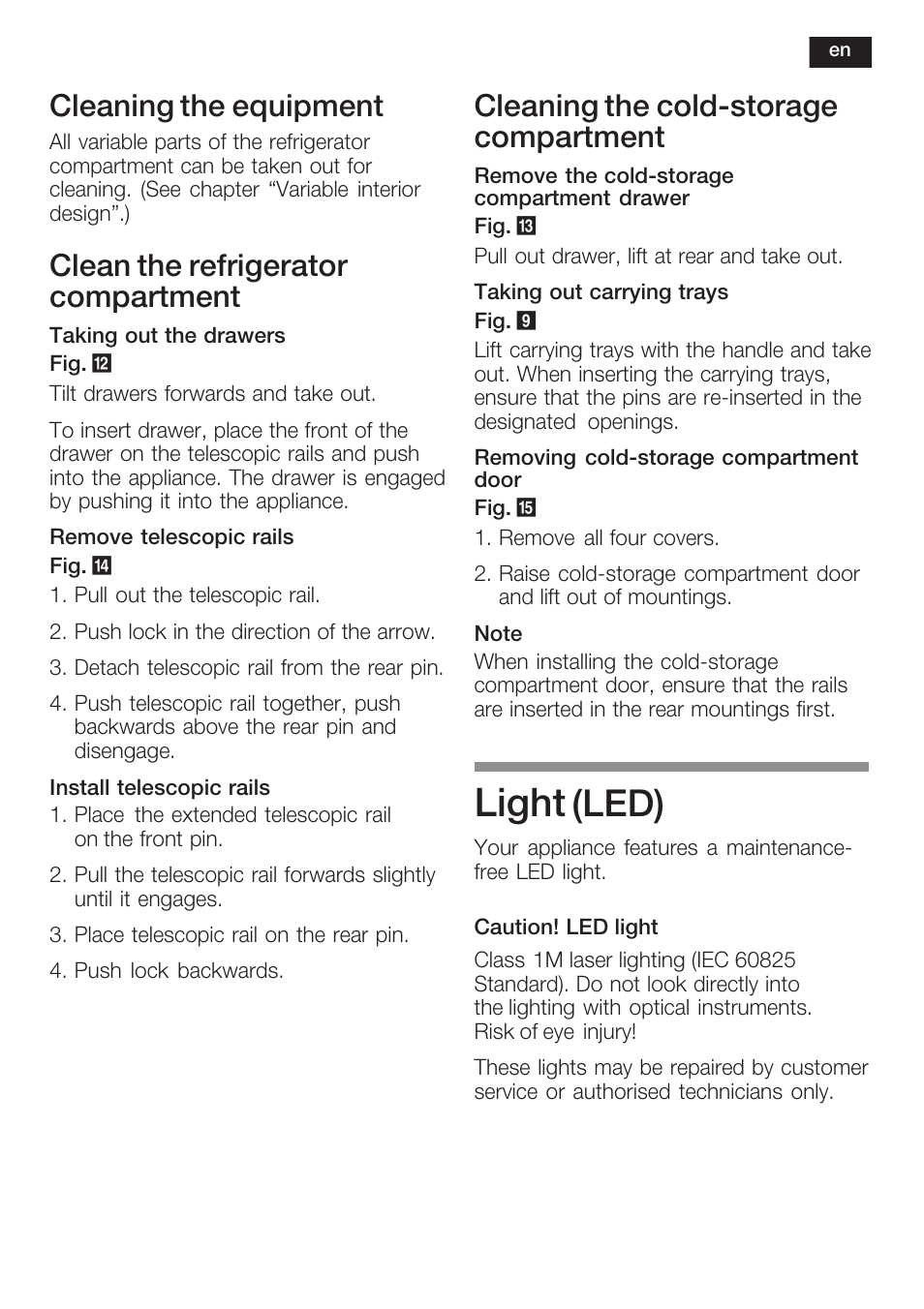 Light, Led), Cleaning the equipment | Clean the refrigerator compartment, Cleaning the coldćstorage compartment | Siemens KI38CP65 User Manual | Page 35 / 103