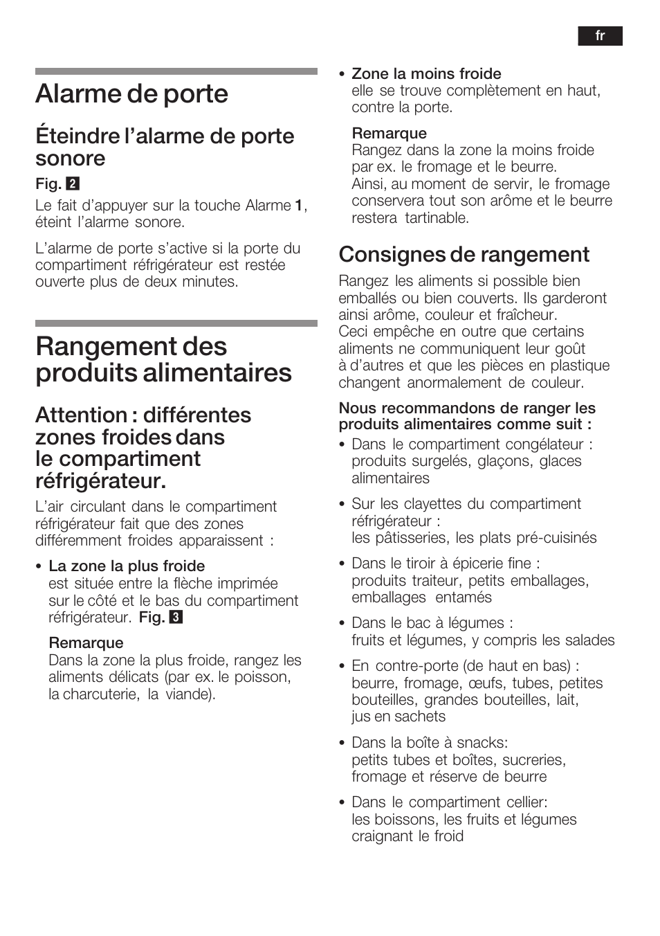 Alarme de porte, Rangement des produits alimentaires, Éteindre l'alarme de porte sonore | Consignes de rangement | Siemens KI38CP65 User Manual | Page 47 / 103