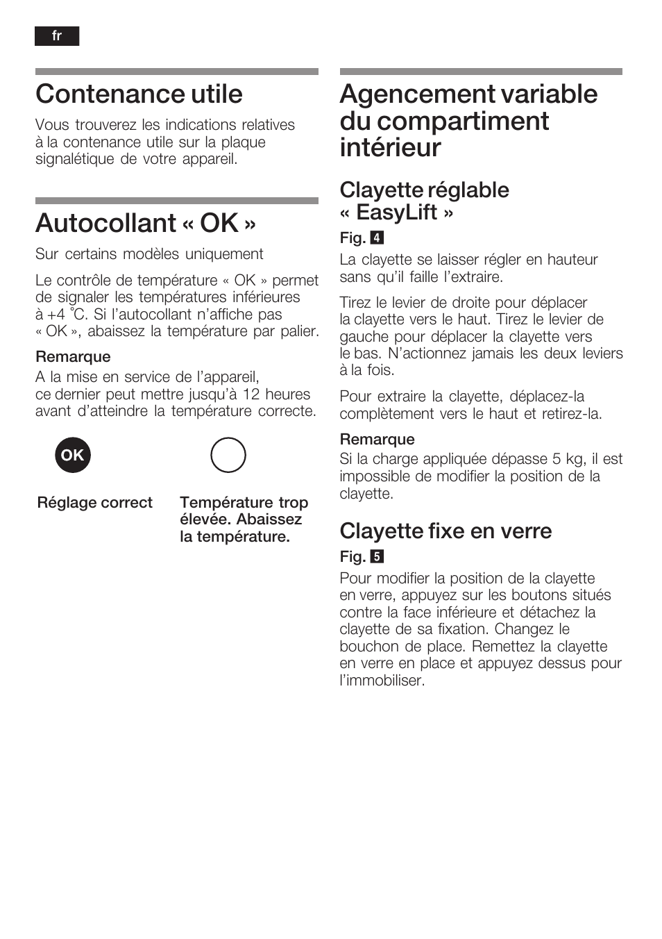 Contenance utile, Autocollant « ok, Agencement variable du compartiment intérieur | Clayette réglable « easylift, Clayette fixe en verre | Siemens KI38CP65 User Manual | Page 48 / 103