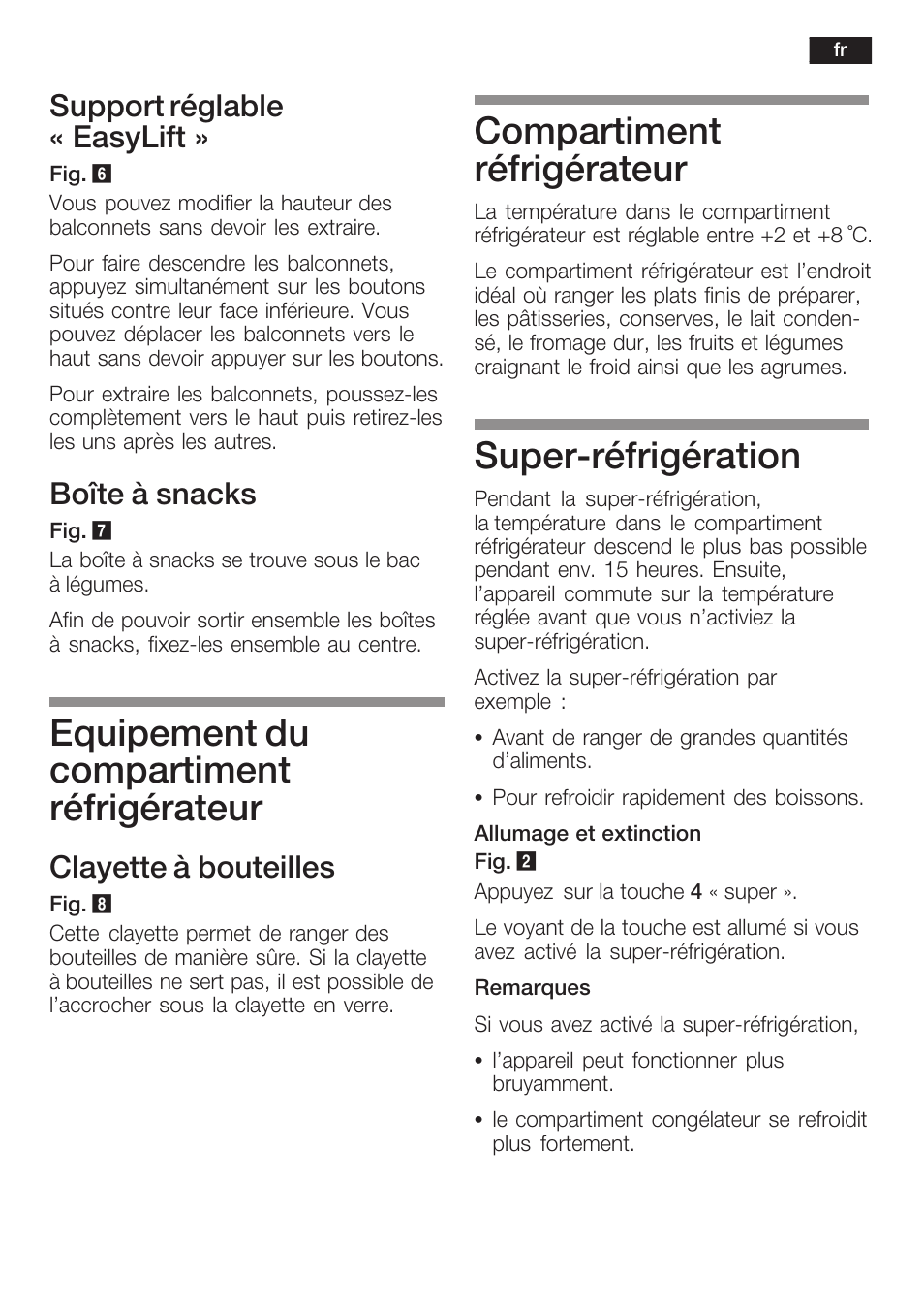 Equipement du compartiment réfrigérateur, Compartiment réfrigérateur, Superćréfrigération | Support réglable « easylift, Boîte à snacks, Clayette à bouteilles | Siemens KI38CP65 User Manual | Page 49 / 103