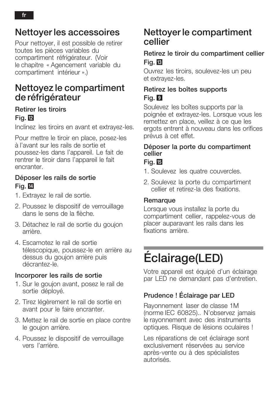 Éclairage, Led), Nettoyer les accessoires | Nettoyez le compartiment de réfrigérateur, Nettoyer le compartiment cellier | Siemens KI38CP65 User Manual | Page 56 / 103