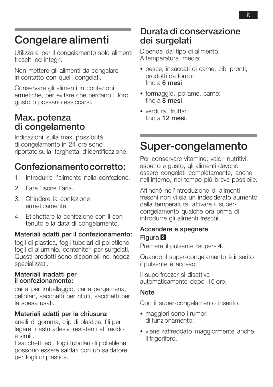 Congelare alimenti, Superćcongelamento, Max. potenza di congelamento | Confezionamento corretto, Durata di conservazione dei surgelati | Siemens KI38CP65 User Manual | Page 71 / 103