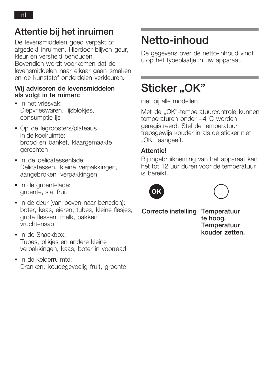 Nettoćinhoud, Sticker ęok, Attentie bij het inruimen | Siemens KI38CP65 User Manual | Page 86 / 103