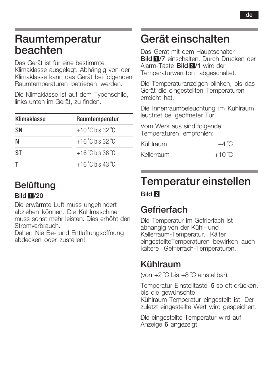Raumtemperatur beachten, Gerät einschalten, Temperatur einstellen | Belüftung, Gefrierfach, Kühlraum | Siemens KI38CP65 User Manual | Page 9 / 103