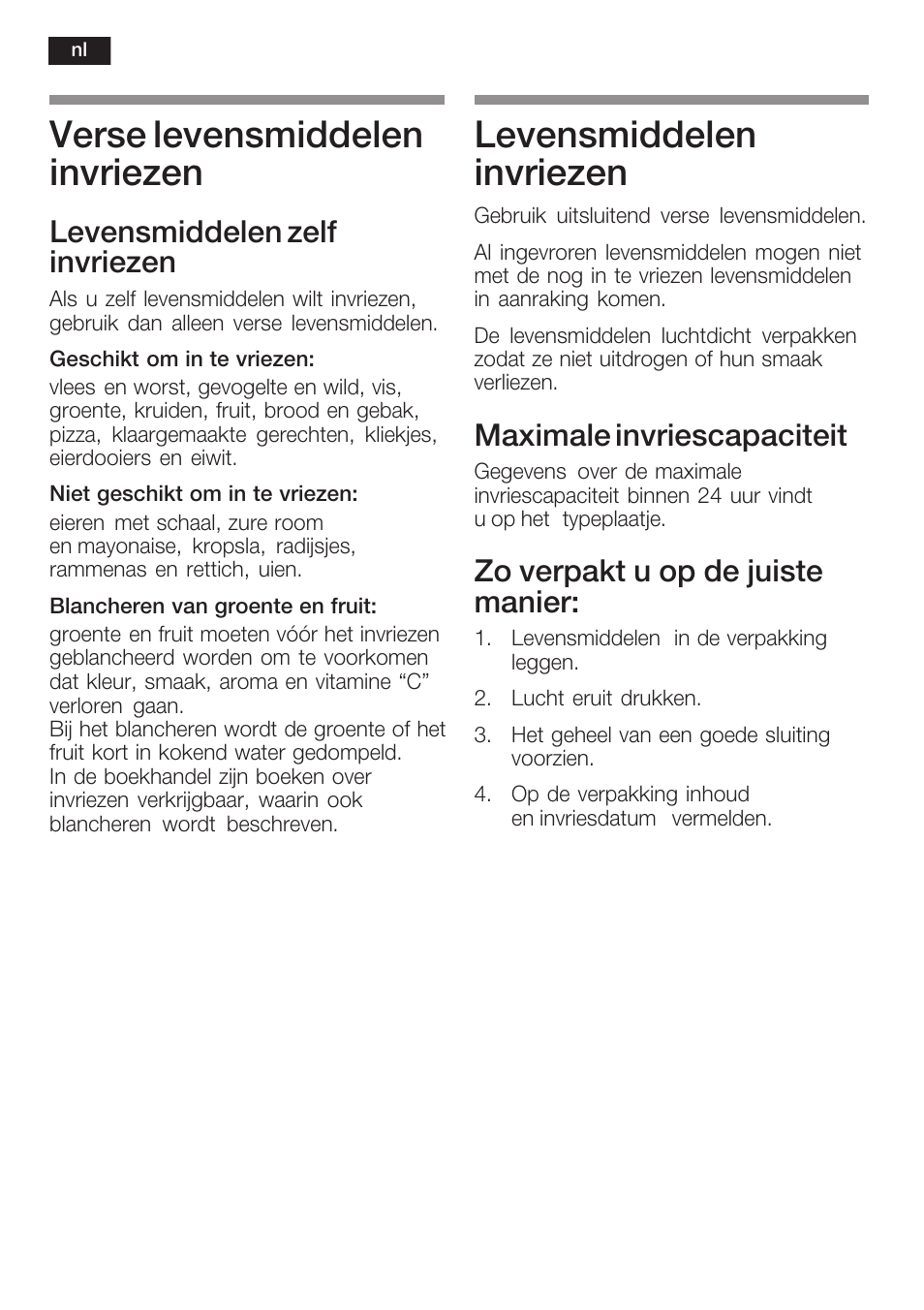 Verse levensmiddelen invriezen, Levensmiddelen invriezen, Levensmiddelen zelf invriezen | Maximale invriescapaciteit, Zo verpakt u op de juiste manier | Siemens KI38CP65 User Manual | Page 90 / 103