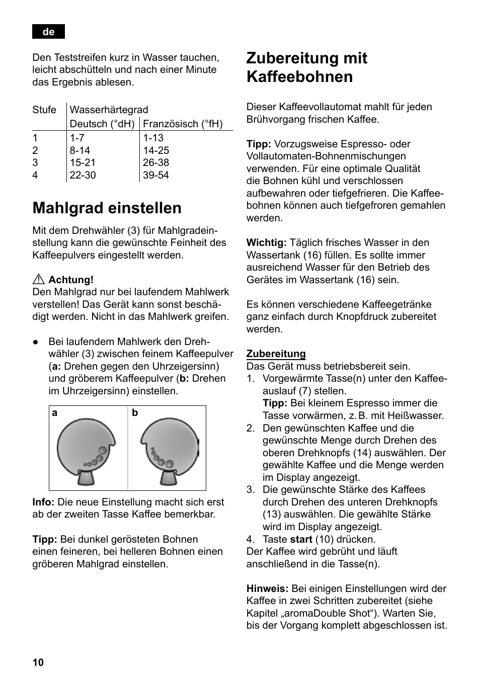 Mahlgrad einstellen, Zubereitung mit kaffeebohnen | Siemens TE503521DE User Manual | Page 14 / 94