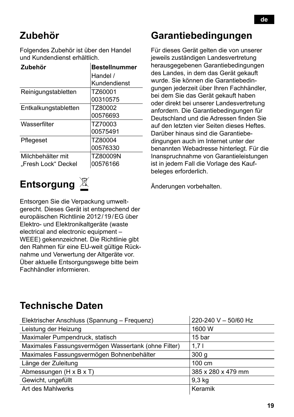 Zubehör, Entsorgung, Garantiebedingungen | Technische daten | Siemens TE503521DE User Manual | Page 23 / 94