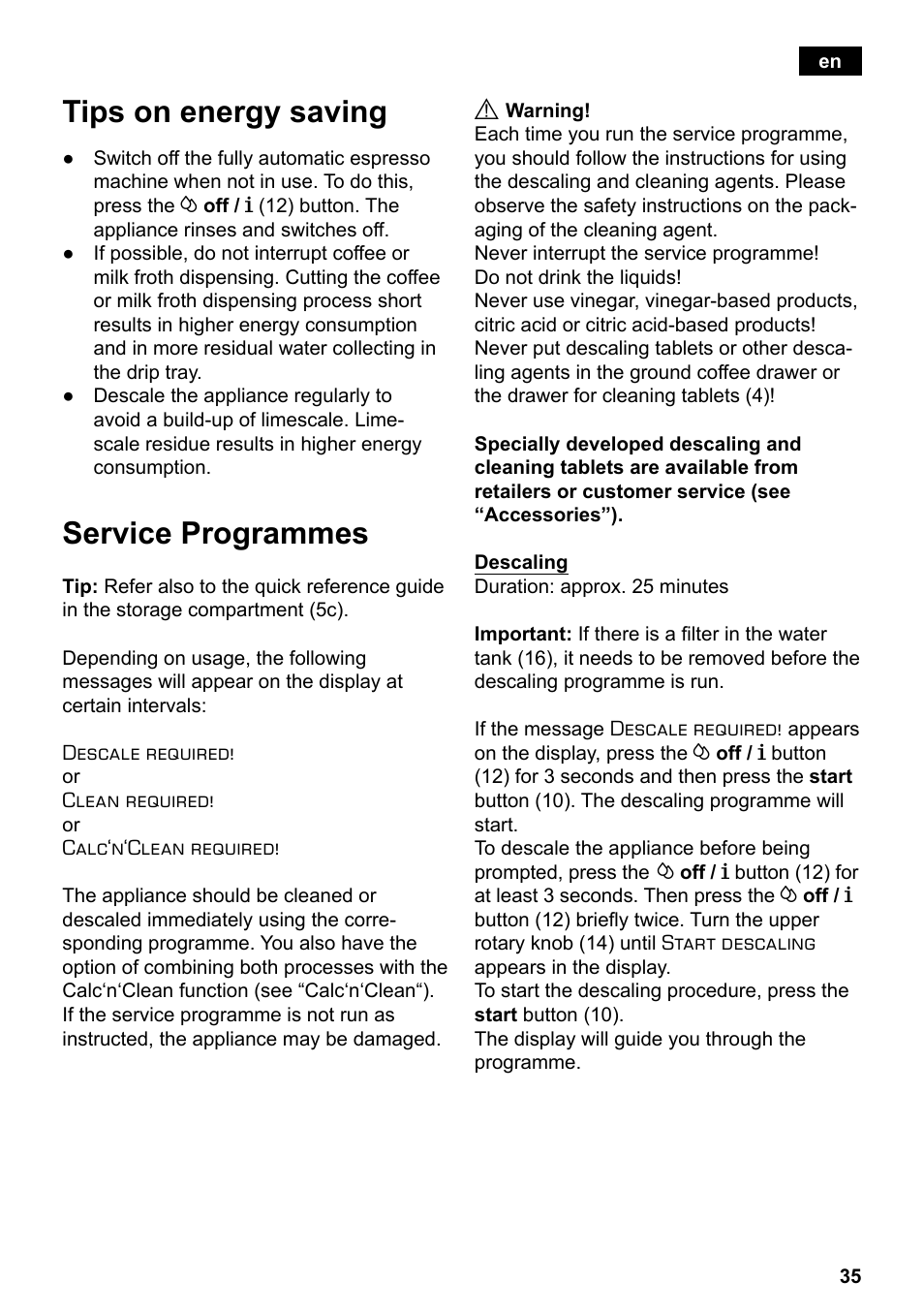 Tips on energy saving, Service programmes | Siemens TE503521DE User Manual | Page 39 / 94