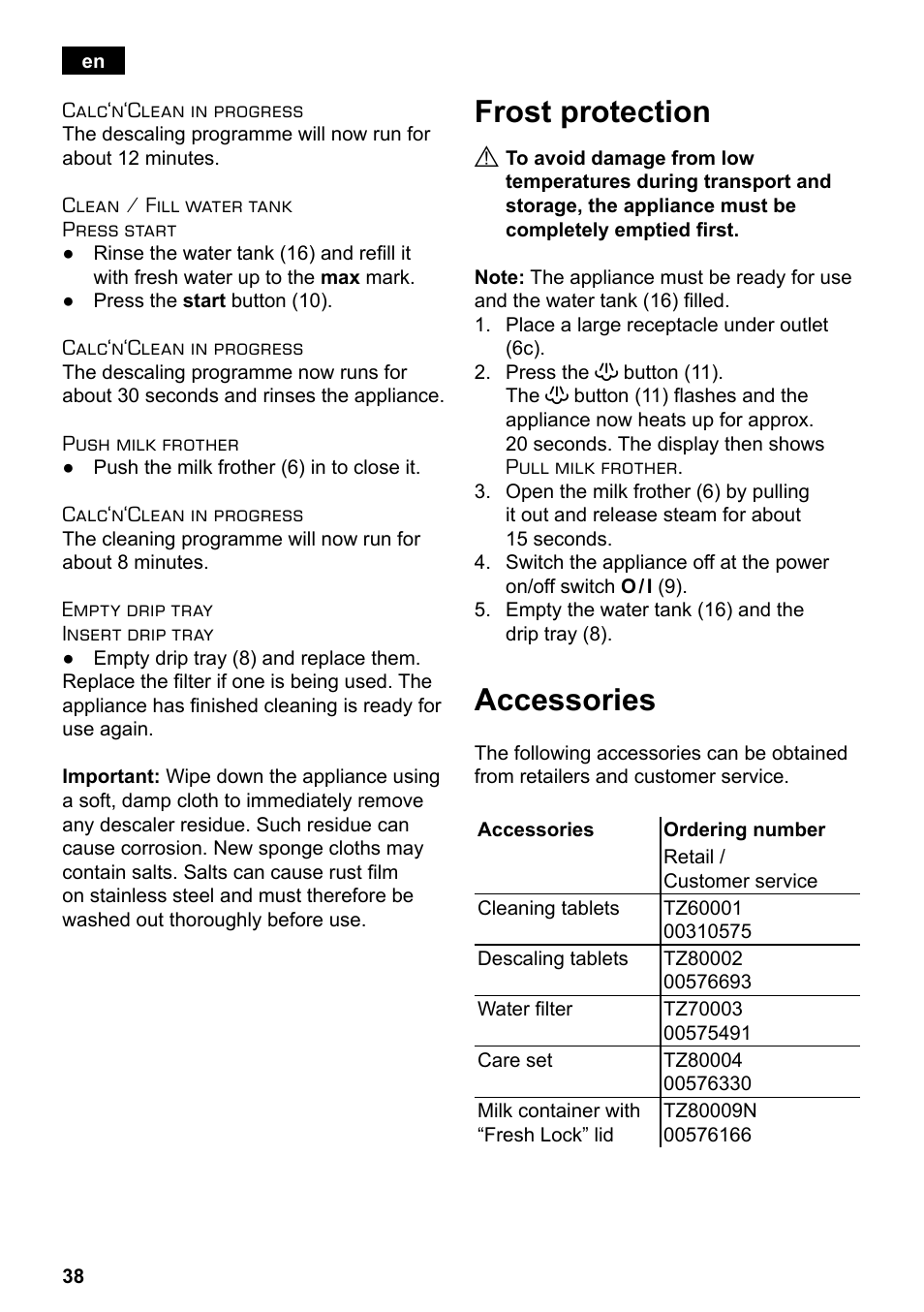 Frost protection, Accessories | Siemens TE503521DE User Manual | Page 42 / 94