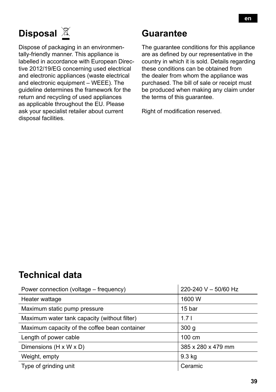 Guarantee, Technical data, Disposal | Siemens TE503521DE User Manual | Page 43 / 94