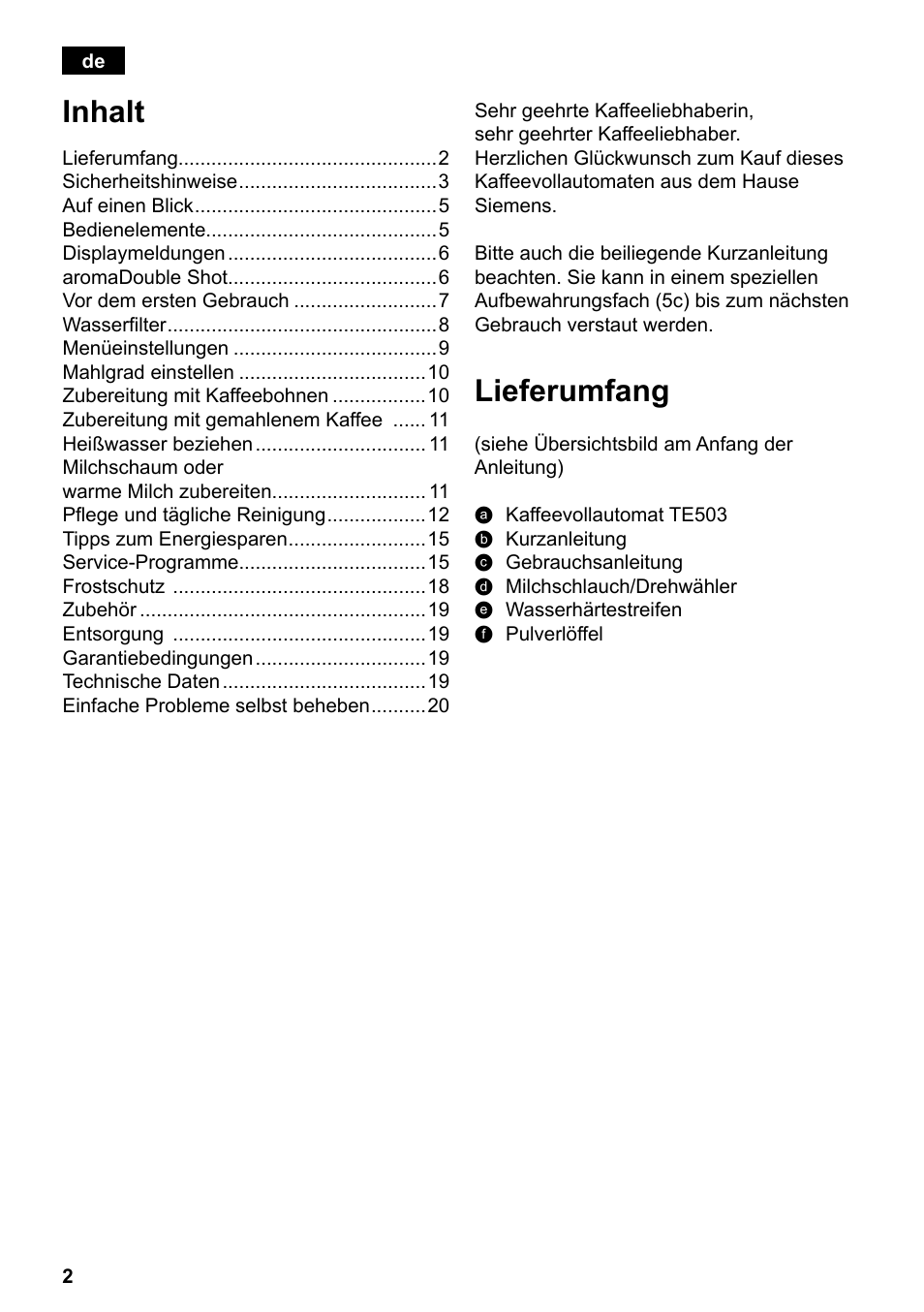 Inhalt, Lieferumfang | Siemens TE503521DE User Manual | Page 6 / 94