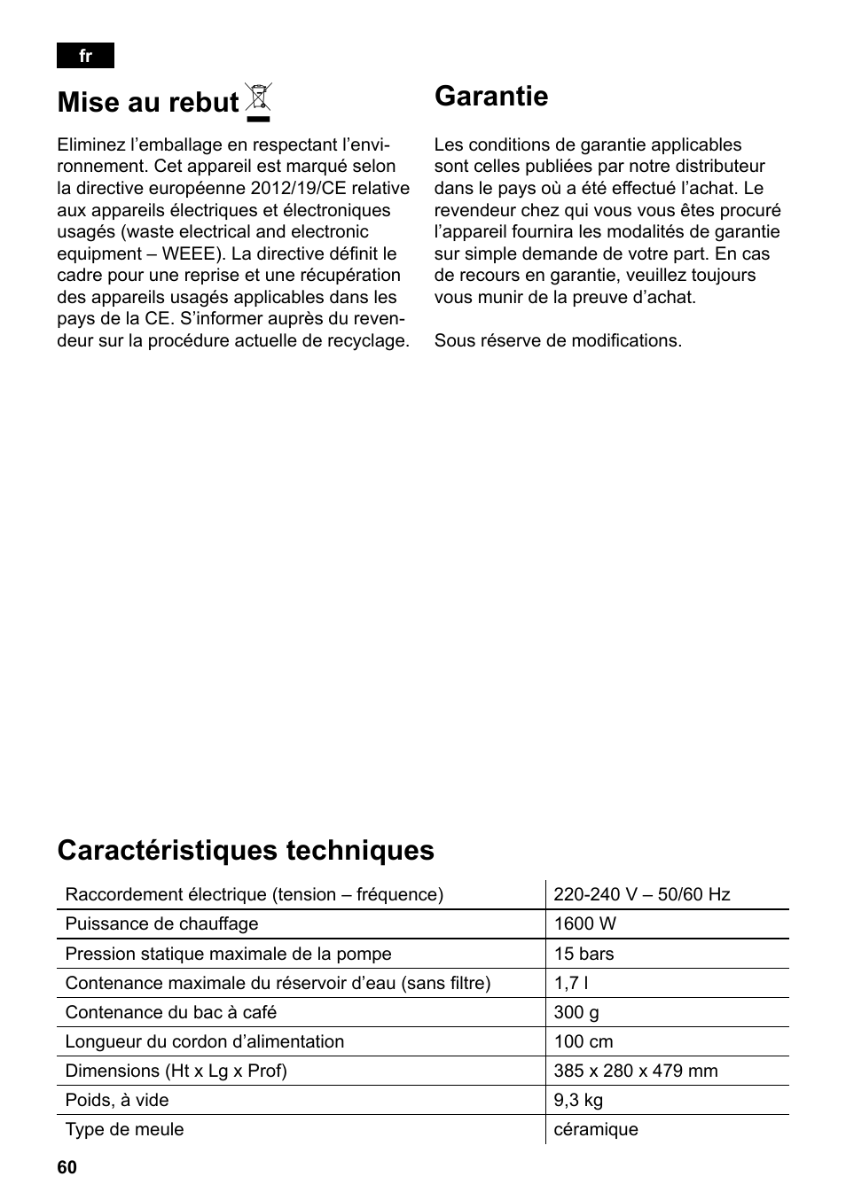 Mise au rebut, Caractéristiques techniques, Garantie | Siemens TE503521DE User Manual | Page 64 / 94