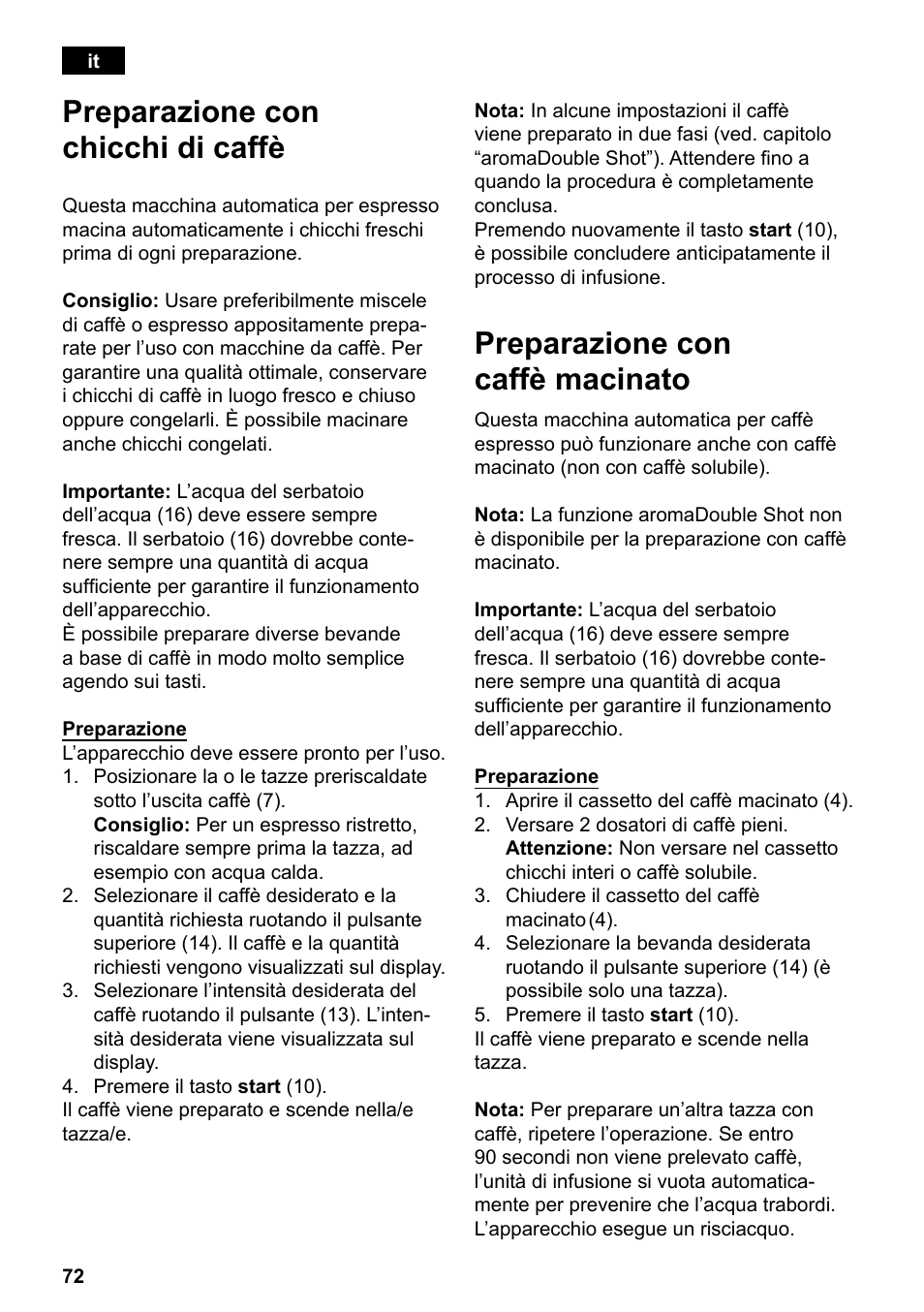 Preparazione con chicchi di caffè, Preparazione con caffè macinato | Siemens TE503521DE User Manual | Page 76 / 94