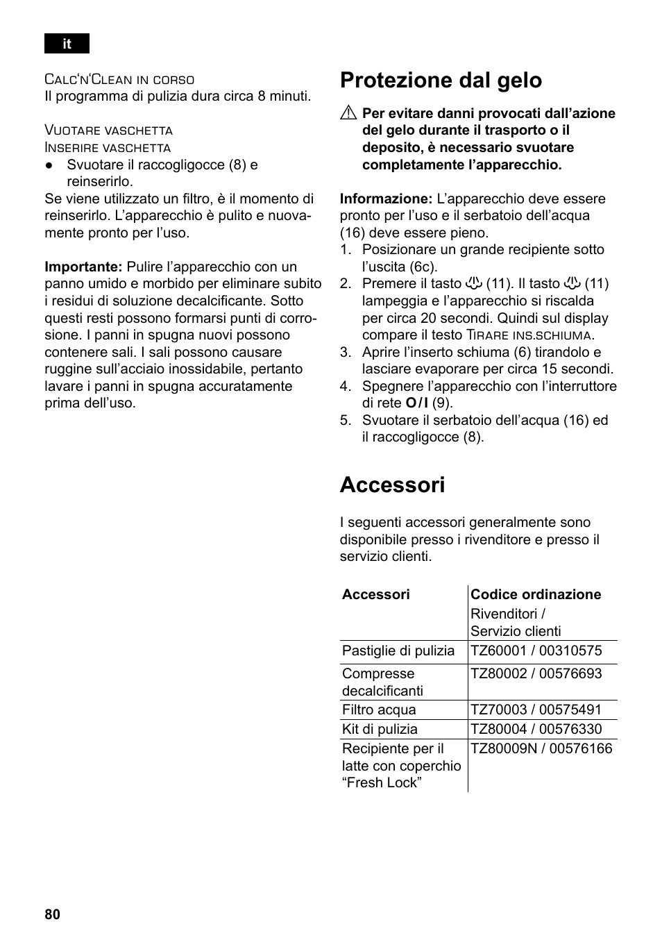 Protezione dal gelo, Accessori | Siemens TE503521DE User Manual | Page 84 / 94