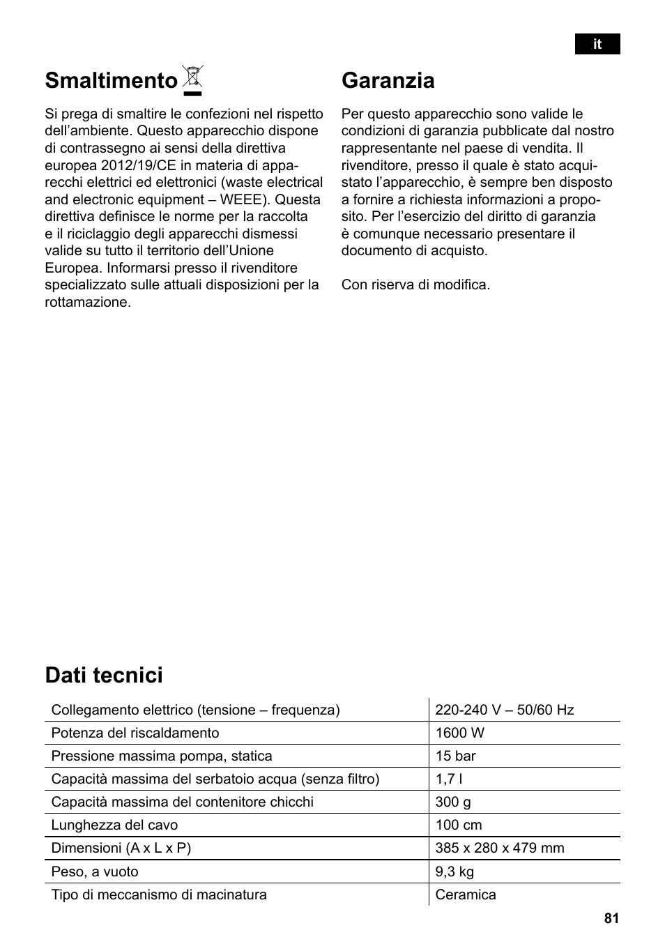 Smaltimento, Garanzia, Dati tecnici | Siemens TE503521DE User Manual | Page 85 / 94