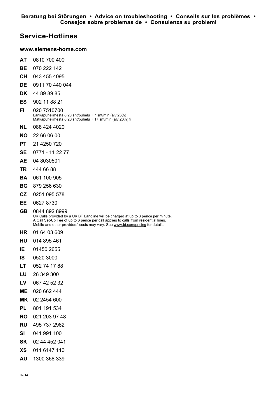 Service-hotlines | Siemens TE503521DE User Manual | Page 93 / 94