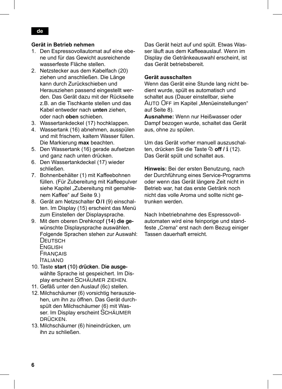 Deutsch english français italiano, Schäumer ziehen, Schäumer drücken | Auto off | Siemens TE503521DE User Manual | Page 10 / 84