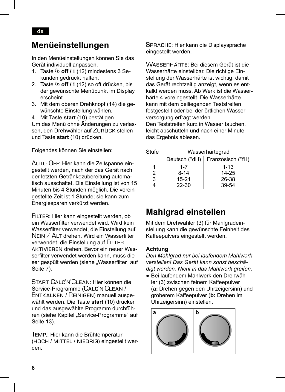 Menüeinstellungen, Mahlgrad einstellen, Zurück | Auto off, Filter, Nein / alt, Filter aktivieren, Start calc‘n‘clean, Calc‘n‘clean, Entkalken | Siemens TE503521DE User Manual | Page 12 / 84