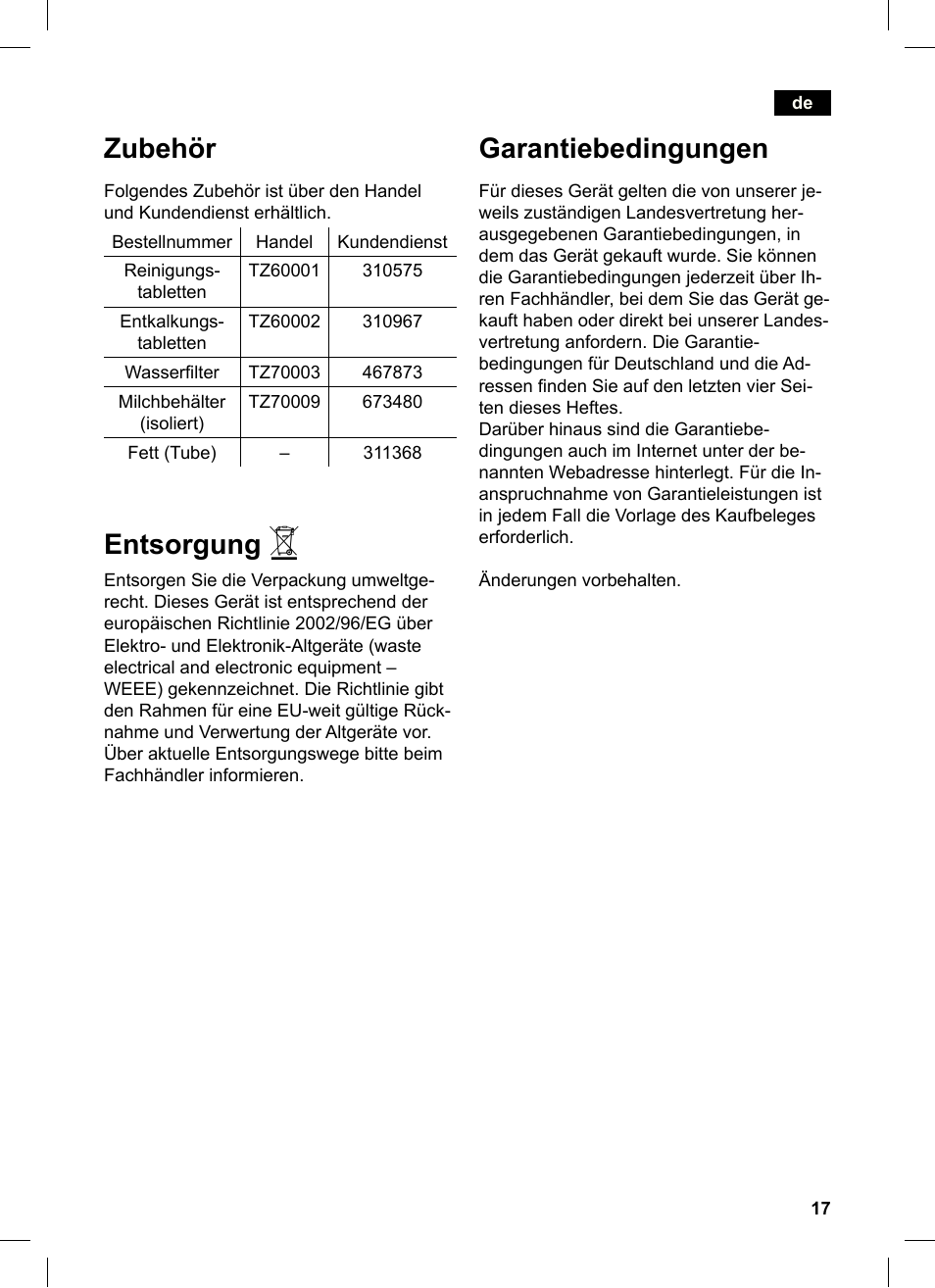Zubehör, Entsorgung, Garantiebedingungen | Siemens TE503521DE User Manual | Page 21 / 84
