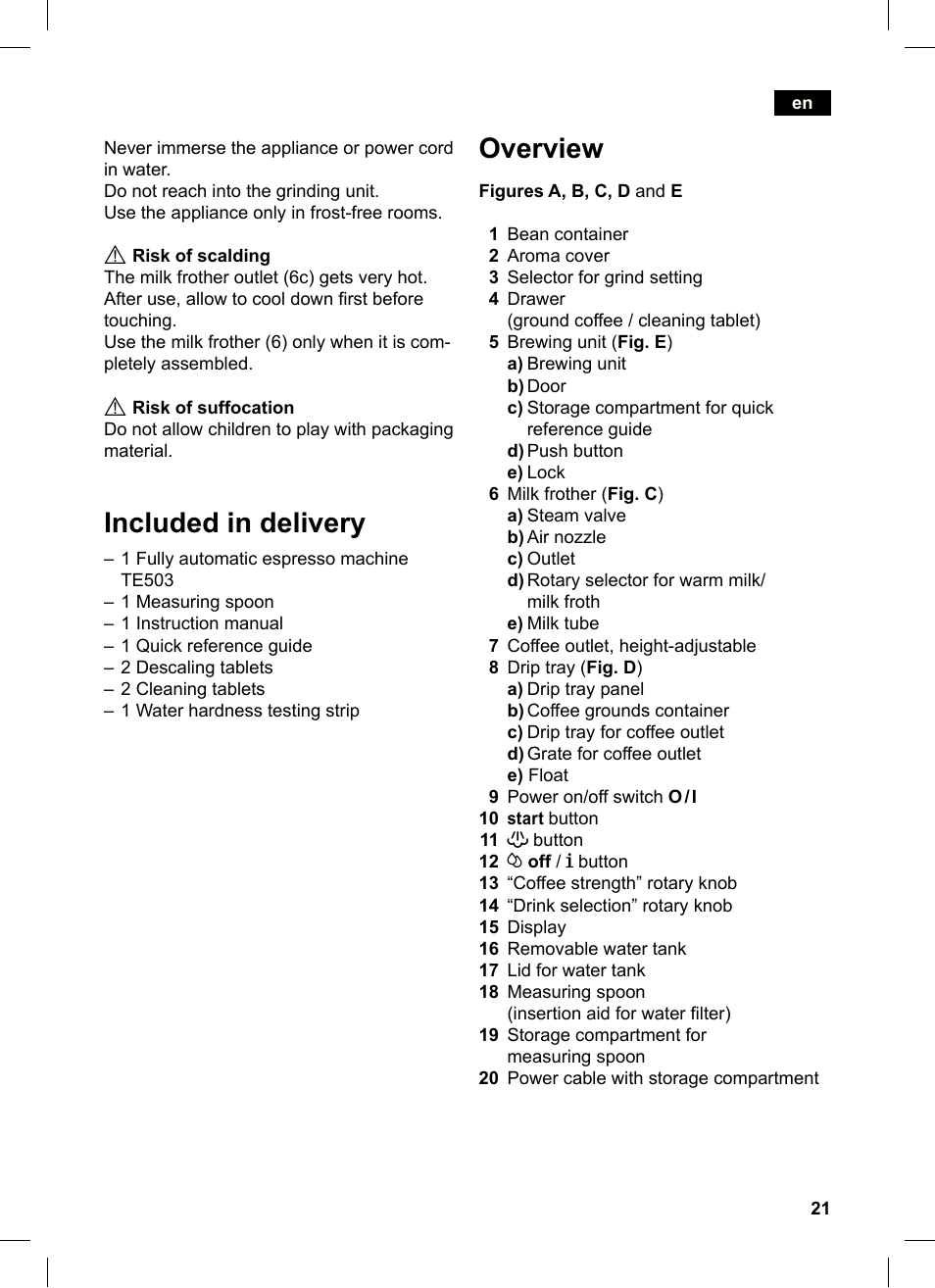 Overview, Included in delivery | Siemens TE503521DE User Manual | Page 25 / 84