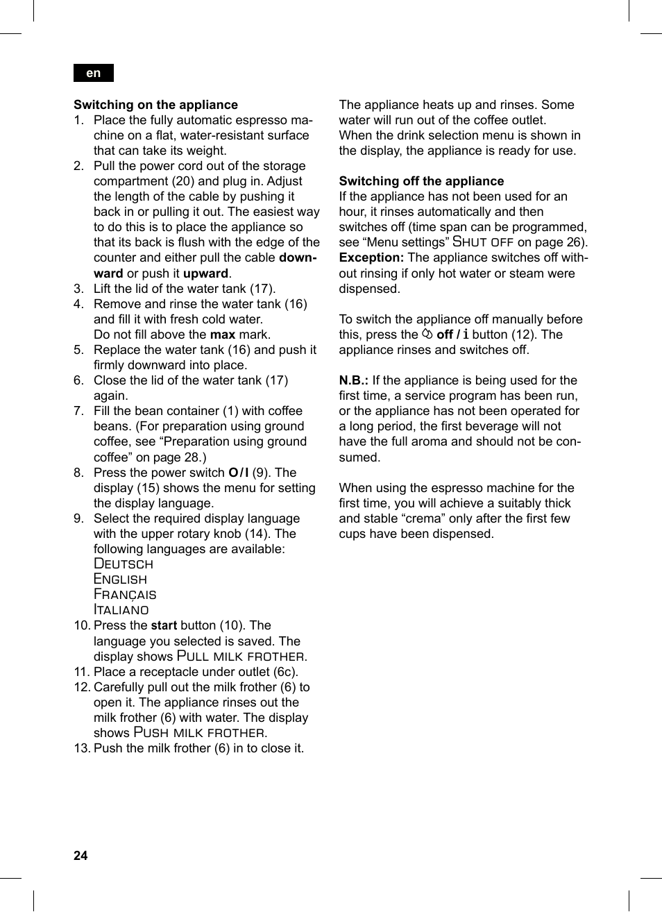 Deutsch english français italiano, Pull milk frother, Push milk frother | Shut off | Siemens TE503521DE User Manual | Page 28 / 84