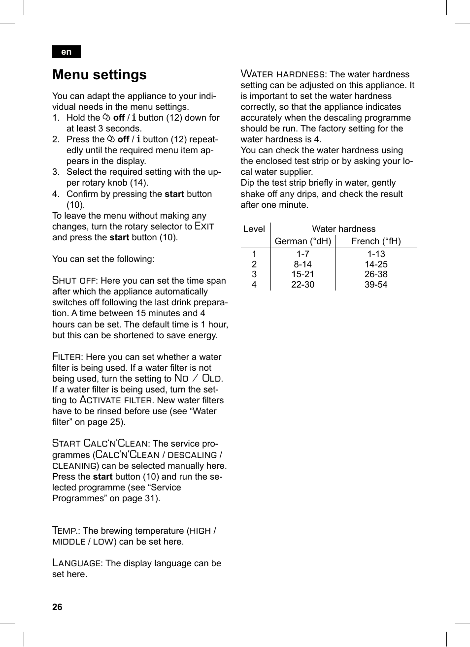 Menu settings, Exit, Shut off | Filter, No / old, Activate filter, Start calc‘n‘clean, Calc‘n‘clean, Descaling, Cleaning | Siemens TE503521DE User Manual | Page 30 / 84