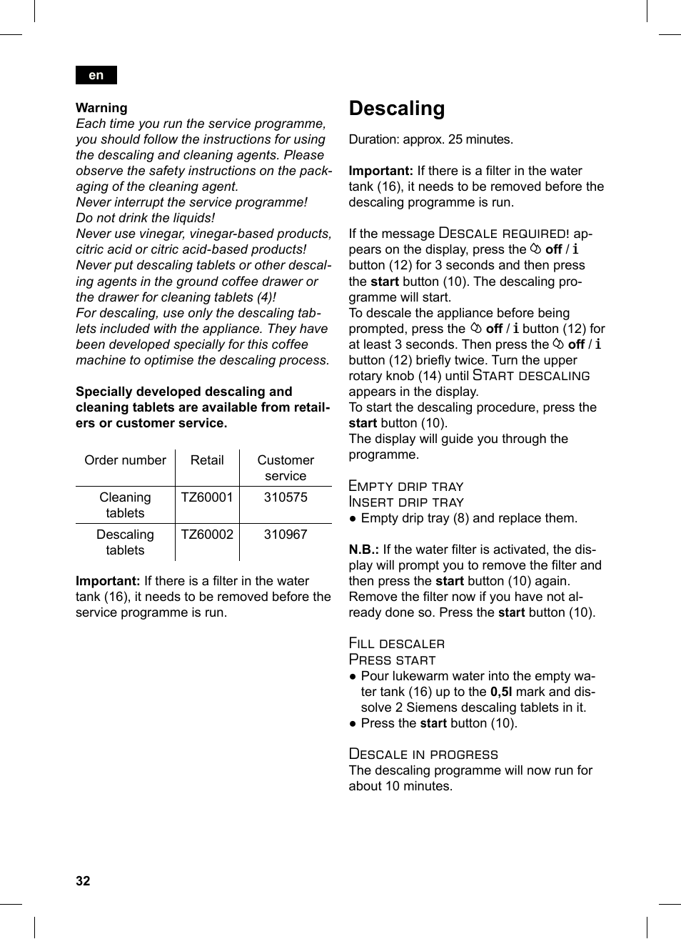 Descaling, Descale required, Start descaling | Empty drip tray insert drip tray, Fill descaler press start, Descale in progress | Siemens TE503521DE User Manual | Page 36 / 84