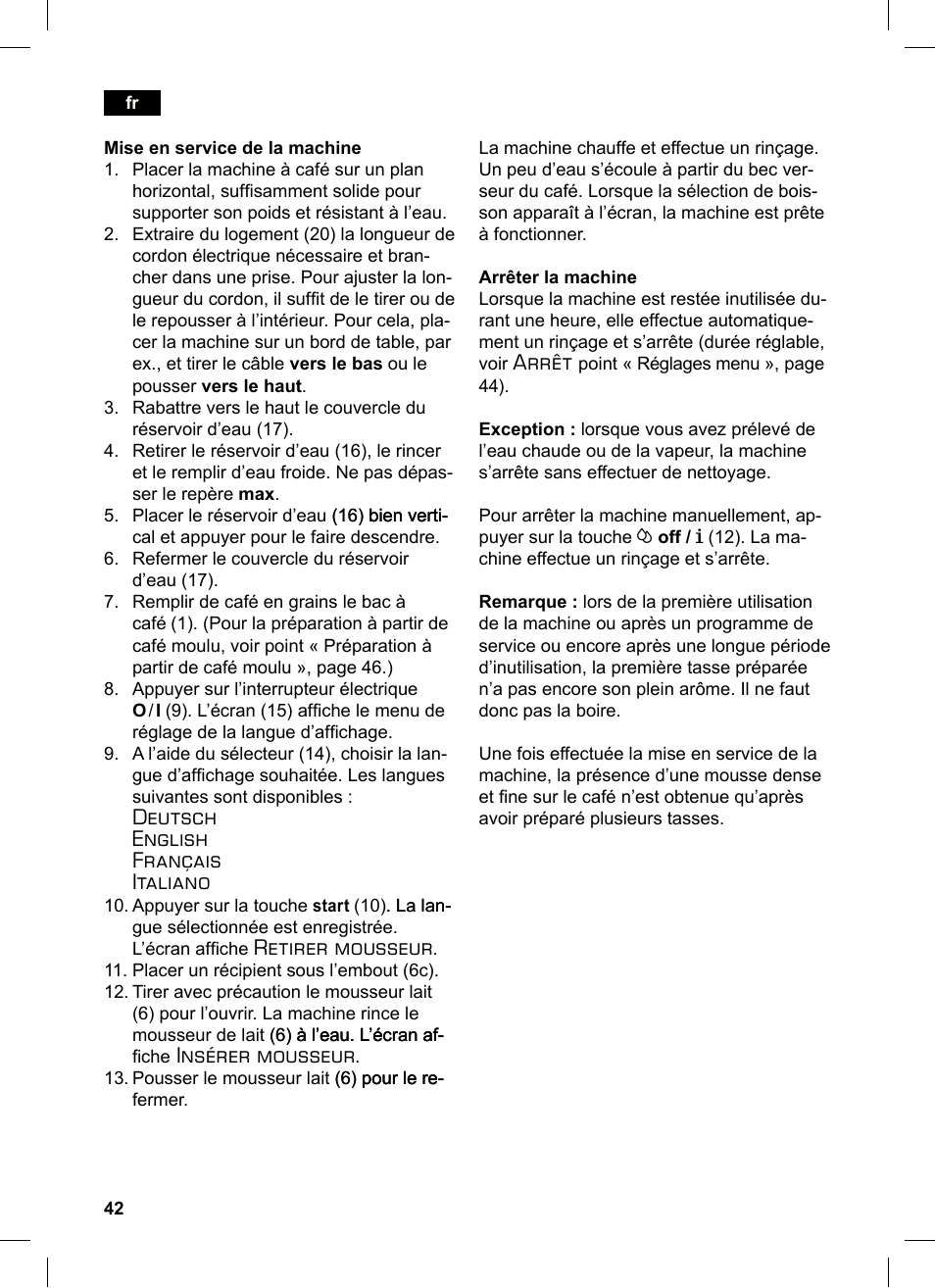 Deutsch english français italiano, Retirer mousseur, Insérer mousseur | Arrêt | Siemens TE503521DE User Manual | Page 46 / 84